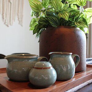 Sanibel Green Gravy boat, creamer and pepper sharker by Noritake